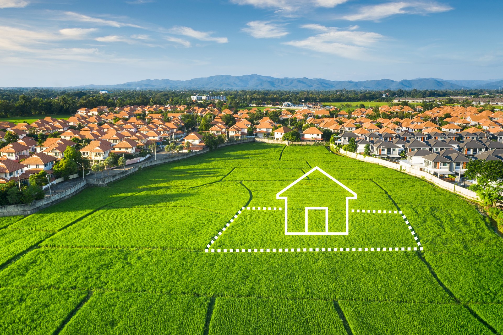Land or landscape of green field in aerial view and home or house icon.